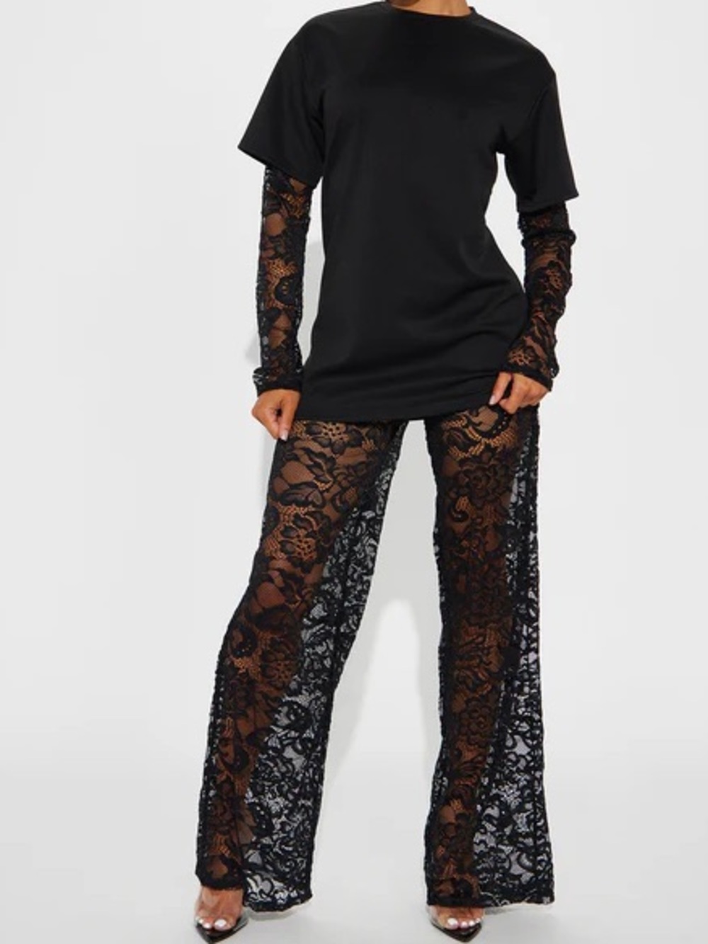 Fashion Nova Black Lace Wide-Leg Pants with Matching Lace Sleeves